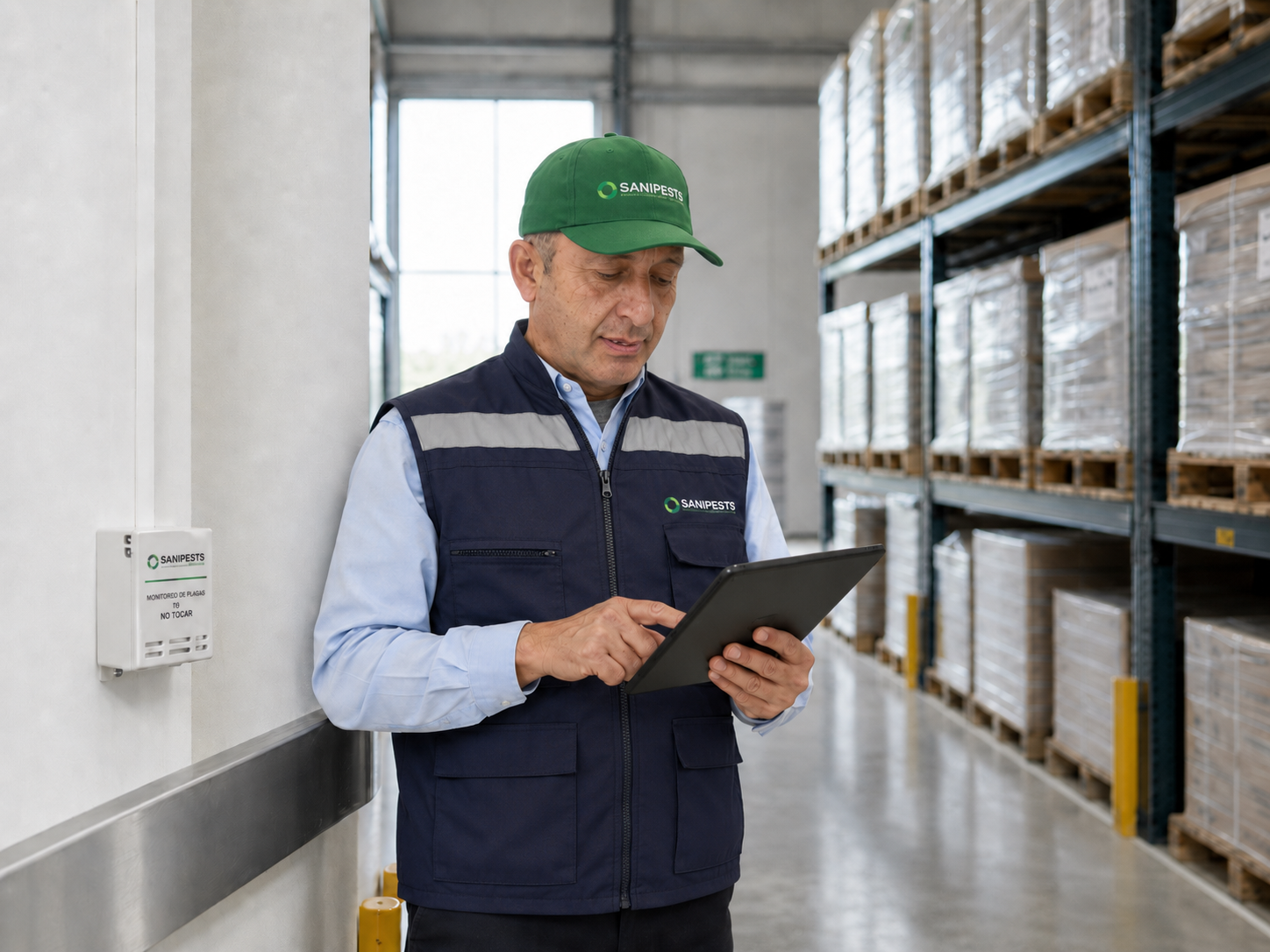Técnico Sanipests registrando el monitoreo de plagas con tablet en una bodega de alimentos