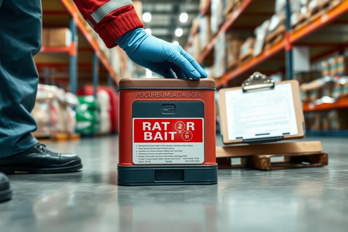 Técnico revisando una estación de control de roedores en una bodega de alimentos